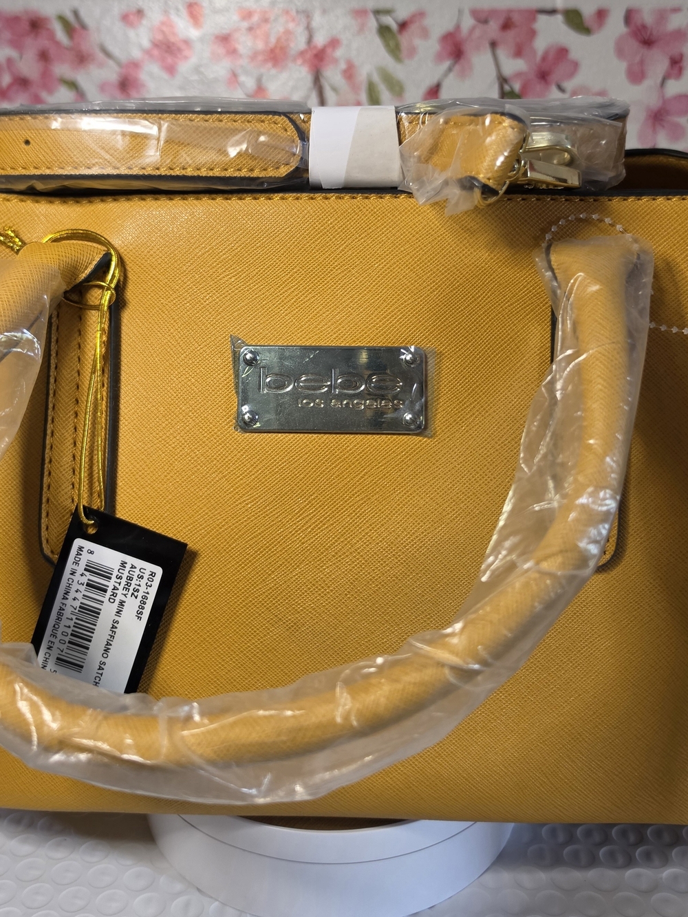 bebe Yellow Structured Satchel with Top Handles and Detachable Strap